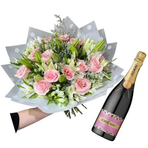 Ramo de rosas rosadas importadas y lirios con jasmine pink rose